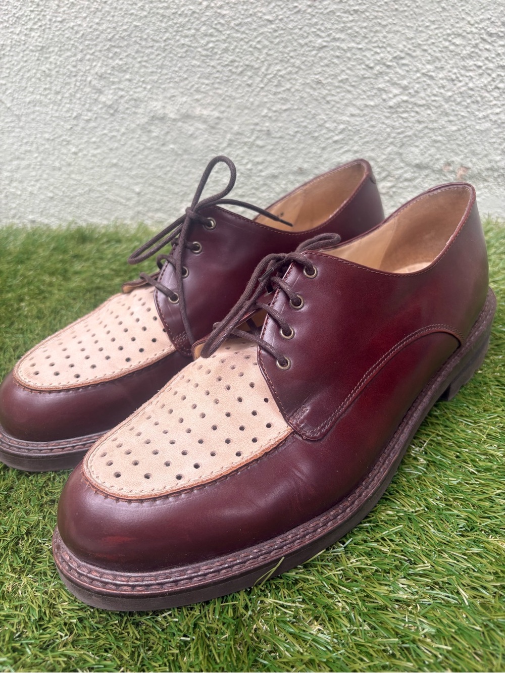 Vintage Giraudon Men's Two-Tone Leather Derby Shoes Burgundy Beige